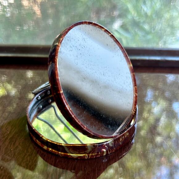 Vintage Metal Compact Mirror with Marbled Lid – 3.25”  Folding Vanity Mirror - Picture 7 of 10